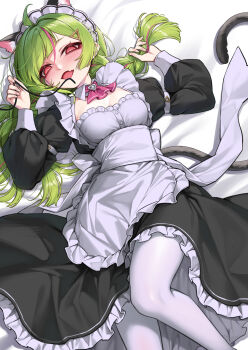1girl :d absurdres ahoge animal_ear_fluff animal_ears apron ascot black_dress breasts cat_ears cat_girl cat_tail cleavage commentary_request curry_bowl delutaya dress fang frilled_apron frilled_dress frills green_hair hair_ornament highres indie_virtual_youtuber long_hair long_sleeves looking_at_viewer lying maid maid_apron maid_headdress medium_breasts on_back open_mouth pantyhose pink_ascot puffy_sleeves red_eyes skin_fang smile solo tail triangle_hair_ornament virtual_youtuber white_apron white_pantyhose