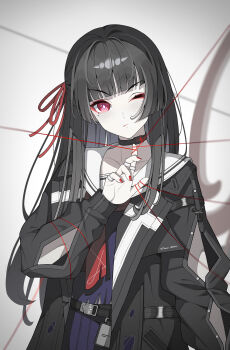 1girl absurdres arm_cutout black_choker black_hair black_jacket black_serafuku blunt_bangs chisa_(wuthering_waves) choker clothing_cutout commentary dao_qie hair_ribbon hand_up highres jacket light_blush long_hair long_sleeves looking_at_viewer mole mole_under_eye muted_color nail_polish neckerchief one_eye_closed red_eyes red_nails red_neckerchief red_ribbon ribbon sailor_collar school_uniform serafuku solo string string_of_fate upper_body white_sailor_collar wuthering_waves