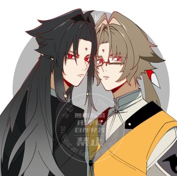 2boys black_hair black_jacket border brown_hair chinese_clothes closed_mouth commentary_request droopy_ears dual_persona facial_mark forehead_mark glasses highres jacket long_hair looking_at_viewer male_focus mandarin_collar multiple_boys no910_zzz orange_vest parted_bangs red_eyes round_border signature upper_body v-shaped_eyebrows vest white_background ye_shiyuan zenless_zone_zero