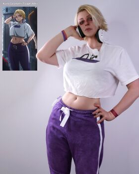 1girl art_vs_artist blonde_hair breasts cosplay cosplay_photo hand_on_own_hip headphones highres midriff miss_faves pants photo_(medium) purple_pants real_life reference_inset reference_photo sazanami_kuina sazanami_kuina_(cosplay) solo standing tougen_anki white_background
