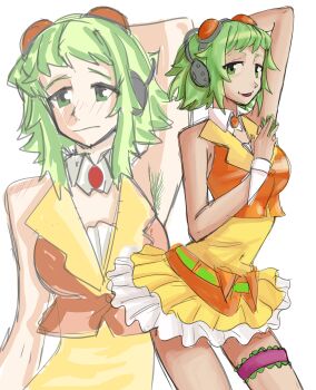 1girl absurdres arm_behind_head armpit_hair armpits blush closed_mouth crop_top detached_collar dress gem green_eyes green_hair grey-framed_eyewear gumi hatsuno headphones highres jacket looking_at_viewer medium_hair open_mouth orange-tinted_eyewear orange_dress orange_jacket smile solo thigh_strap tinted_eyewear vocaloid white_background