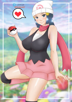 1girl absurdres beanie black_shirt black_socks blue_eyes blue_flower blue_hair blush boots breasts cloud collarbone dawn_(pokemon) flower grass hat heart highres hill holding holding_poke_ball knee_boots kneehighs large_breasts long_hair looking_at_viewer misune_art nintendo pink_boots pink_skirt poke_ball poke_ball_(basic) poke_ball_print poke_ball_symbol pokemon pokemon_dppt print_headwear purple_flower red_flower red_scarf scarf shirt skirt sky sleeveless sleeveless_shirt smile socks speech_bubble spoken_heart standing standing_on_one_leg white_flower white_hat yellow_flower