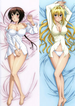2girls absurdres ahoge arms_up barefoot blonde_hair blue_eyes blue_panties blush breasts brown_eyes brown_hair cleavage covered_erect_nipples dakimakura_(medium) feet gokurakuin_sakurako hair_intakes highres huge_ahoge large_breasts legs long_hair long_legs lying multiple_girls musubi non-web_source on_back panties pink_panties sekirei shirt short_hair_with_long_locks thighs tsukiumi underwear
