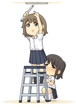 Rule 34 | 2girls, apron, arms up, black eyes, black hair, black legwear, blush, brown eyes, brown hair, chibi, closed mouth, komaniwa pumpkin, ladder, long hair, medium hair, multiple girls, open mouth, original, peeking, pleated skirt, ponytail, school uniform, shirt, short sleeves, skirt, socks, squatting, standing, stepladder, white legwear, white shirt, yuri