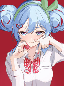 1girl blue_eyes blue_hair bow breasts cherry cherry_pop_(vocaloid) collared_shirt commentary_request double_bun food fruit hair_between_eyes hair_bow hair_bun hair_ornament hairclip hatsune_miku hau_(aibaei) heart highres looking_at_viewer medium_breasts out_of_frame pointing pointing_down red_background sexually_suggestive shirt simple_background solo upper_body vocaloid white_shirt