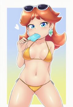 1girl arm_behind_back bikini blue_eyes breasts brown_hair cleavage eating food_in_mouth half-closed_eyes heart highres large_breasts legs looking_at_viewer mario_(series) navel nintendo popsicle popsicle_in_mouth princess_daisy puyopopper short_hair solo sunglasses_on_head swimsuit thighs yellow_bikini