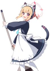 Rule 34 | 1girl, animal ear headphones, animal ears, apron, black dress, blonde hair, blue archive, blush, cat tail, dress, fake animal ears, feet out of frame, halo, haru (konomi 150), headphones, highres, long sleeves, looking at viewer, maid, maid apron, maid headdress, momoi (blue archive), momoi (maid) (blue archive), official alternate costume, open mouth, pantyhose, pink halo, red eyes, short hair, simple background, smile, solo, tail, white apron, white background, white pantyhose
