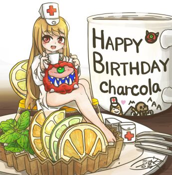 1girl :d bare_legs barefoot blonde_hair borrowed_character cacodemon cameo cross cup daikon doom_(series) english_text first_aid_kit food food_request fork fruit happy_birthday hat in_food kurashiki_nanka lemon lemon_slice lime_(fruit) lime_slice long_hair looking_at_viewer mini_person minigirl nurse nurse_cap open_mouth personification plate radish red_cross red_eyes revenant_(doom) sitting smile steam stimpack-tan teacup