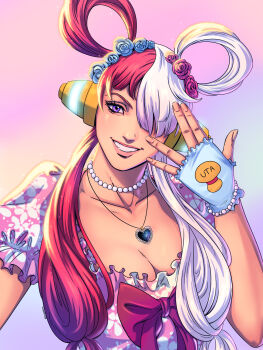 Rule 34 | 1girl, alternate costume, asymmetrical bangs, blue flower, bracelet, character name, collarbone, dress, ellie mehl, fingerless gloves, flower, gloves, hair ornament, hair over one eye, hair rings, headphones, heart, heart necklace, highres, jewelry, lips, lipstick, long hair, looking at viewer, makeup, multicolored hair, necklace, one eye covered, one piece, one piece film: red, pearl necklace, pink dress, pink flower, pink lips, purple eyes, red hair, short sleeves, smile, solo, split-color hair, teeth, two-tone hair, uta (one piece), white hair