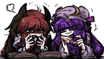 2girls bat_wings black_vest blue_ribbon blunt_bangs blush book collared_shirt crescent crescent_hat_ornament elbow_rest embarrassed hat hat_ornament hat_ribbon head_wings koakuma long_hair long_sleeves mob_cap multiple_girls necktie nose_blush open_mouth orange_eyes patchouli_knowledge purple_eyes purple_hair purple_hat purple_robe reading red_hair red_necktie red_ribbon ribbon robe shirt suenari_(peace) sweat touhou vest white_background white_shirt wings