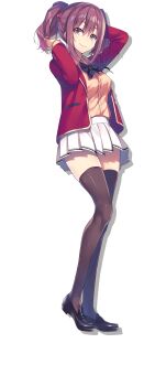 1girl absurdres advanced_nurturing_high_school_uniform amasawa_ichika arms_up black_bow black_shoes black_thighhighs blazer blonde_hair bow breasts brown_eyes brown_hair buttons closed_mouth full_body highres jacket lips loafers long_sleeves looking_at_viewer medium_breasts official_art open_clothes pink_shirt pleated_skirt ponytail school_uniform shiny_skin shirt shoes skirt smile solo thighhighs tomose_shunsaku transparent_background white_skirt youkoso_jitsuryoku_shijou_shugi_no_kyoushitsu_e zettai_ryouiki