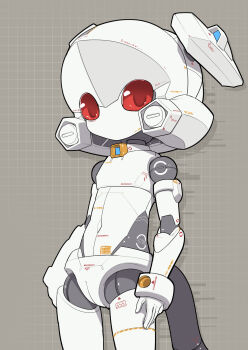1girl cameltoe commentary_request doll_joints flat_chest grey_background grid_background highres joints navel no_mouth original red_eyes robot_girl robot_joints sanbonzuno short_hair simple_background tail twintails