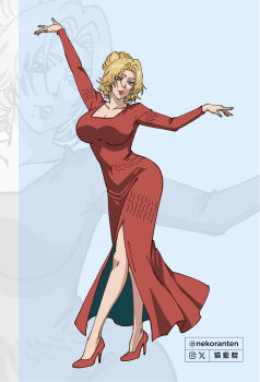 Rule 34 | 1girl, bleach, blonde hair, blue eyes, breasts, cleavage, collarbone, dress, high heels, large breasts, matsumoto rangiku, nekoranten, red dress, solo