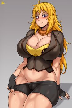 1girl absurdres black_gloves blonde_hair breasts cameltoe cleavage clothes_pull fingerless_gloves gloves groin highres huge_breasts jmg long_hair mixed-language_commentary navel partially_visible_vulva pulling pulling_own_clothes purple_eyes rwby shorts shorts_pull smile yang_xiao_long