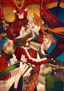 1girl :d arm_at_side armor asymmetrical_legwear asymmetrical_sleeves back_bow black_gloves black_socks blue_background blunt_bangs bow breasts dynamic_pose fate/grand_order fate_(series) floating_hair foot_out_of_frame frilled_gloves frills game_cg gloves green_kimono hair_ornament hairband helmet holding holding_sheath izumo_no_okuni_(fate) izumo_no_okuni_(third_ascension)_(fate) japanese_armor japanese_clothes kabuki kabuto_(helmet) katana kimono leg_up long_hair long_sidelocks long_sleeves looking_at_viewer low-tied_sidelocks miniskirt multicolored_hair multicolored_kimono noco_(adamas) official_art okobo open_mouth orange_hair outstretched_arm platform_sandals quad_buns red_armor red_kimono robot samurai sandals sheath sheathed short_kimono short_sleeves shoulder_armor sidelocks single_glove skirt smile socks sode sphere_hair_ornament split-color_hair sword tabi tassel third-party_source twintails uneven_sleeves weapon white_hair wide_sleeves zanzaburou_(fate)