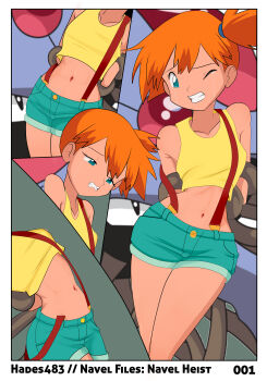 Rule 34 | 1girl, aqua shorts, arms behind back, asymmetrical hair, bare arms, bare shoulders, blue eyes, blue shorts, blush, bound, bound arms, breasts, clothes lift, crop top, denim, denim shorts, english text, eyelashes, gen 1 pokemon, green shorts, hades483, hair tie, highres, legs together, looking down, midriff, misty (pokemon), navel, nintendo, open mouth, orange hair, pokemon, pokemon (anime), pokemon (classic anime), pokemon red/green/blue/yellow, ponytail, raised eyebrows, restrained, shirt, shirt lift, short hair, short shorts, shorts, side ponytail, sleeveless, sleeveless shirt, small breasts, standing, stomach, suspender shorts, suspenders, suspenders slip, tank top, teeth, tentacles, tentacruel, tongue, yellow shirt, yellow tank top