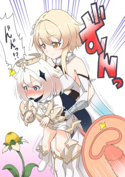 1futa 1girl age_difference black_eyes blonde_hair blush breasts brown_eyes censored clothed_sex futa_with_female futanari genshin_impact grabbing_from_behind gradient_background grey_hair highres huge_penis japanese_text loli lumine_(genshin_impact) medium_breasts mosaic_censoring paimon_(genshin_impact) penis sex sex_from_behind size_difference speech_bubble surprised x-ray