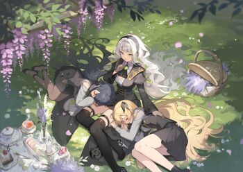 Rule 34 | 3girls, ascot, basket, black ascot, black boots, black hair, black hairband, black pantyhose, black shoes, black skirt, blonde hair, boots, breasts, cake, cake slice, candle, chocolate cake, cleavage, clothing cutout, cup, falling petals, finger to mouth, firenze (stella sora), flower, food, fruit, full body, game cg, gloves, green eyes, green streaks, grey gloves, grey shirt, hair spread out, hairband, high heel boots, high heels, highres, juliet sleeves, lace hairband, lap pillow, large breasts, lavender (flower), long hair, long sleeves, looking at viewer, lying, macaron, miniskirt, multicolored hair, multiple girls, non-web source, official art, on side, outdoors, pantyhose, petals, picnic, pleated skirt, puffy sleeves, purple petals, ruby (stella sora), sapphire (stella sora), shirt, shoes, shoulder cutout, shushing, sitting, skirt, sleeping, stella sora, strawberry, strawberry shortcake, streaked hair, tea, teacup, teapot, very long hair, wavy hair, white hair, yokozuwari