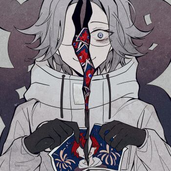 1boy :d absurdres ahoge aotsuki_eito black_gloves black_streaks bloodshot_eyes blue_eyes body_horror chinese_commentary eldritch_abomination fireworks glasses gloves gradient_background grey_background grey_eyes grey_hair grey_jacket highres holding holding_photo hood hoodie jacket jacket_over_hoodie looking_at_viewer male_focus mizongwenwu multicolored_hair open_mouth photo_(object) red_hair short_hair smile solo spoilers straight-on streaked_hair sumino_takumi tearing_paper the_hundred_line_-last_defense_academy- torn_photo white_hoodie white_jacket wide-eyed