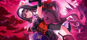 1girl black_hair black_veil blue_eyes book breasts code_geass code_geass:_lost_stories f4samurai full_moon highres holding holding_book long_hair maya_disel moon nun official_art solo veil