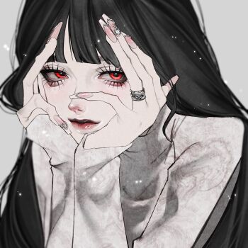 1girl aegyo_sal black_hair blunt_bangs hand_on_own_face highres jewelry kasahara_iji long_hair long_sleeves looking_at_viewer multiple_rings original pink_nails red_eyes red_lips ring shirt smile solo upper_body white_shirt