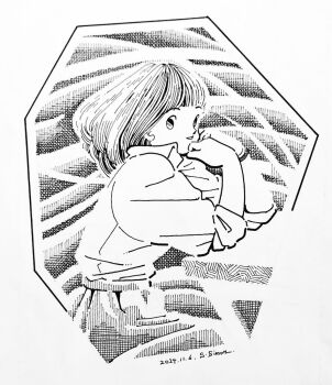 Rule 34 | 1girl, artist name, commentary request, crosshatching, dated, elbow rest, feet out of frame, hands up, hatching (texture), linear hatching, looking at viewer, medium hair, original, pants, parted lips, puffy sleeves, shirt, shirt tucked in, sideways glance, sitting, smile, solo, table, traditional media, woven hatching, wristband, zpihr6jprso2r2l
