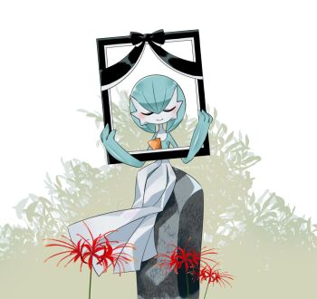 Rule 34 | alternate color, ariumu, artist name, blue hair, blue skin, bob cut, closed eyes, colored skin, dress, flower, gardevoir, gen 3 pokemon, highres, iei, multicolored skin, nintendo, pokemon, pokemon (creature), shiny pokemon, sitting, smile, spider lily, two-tone skin, white dress, white skin