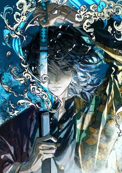 1boy absurdres baicumikuo black_eyes black_hair blue_background closed_mouth colored_skin commentary_request demon_slayer_uniform floating_hair gold_buttons haori highres holding holding_sheath holding_sword holding_weapon japanese_clothes katana kimetsu_no_yaiba looking_at_viewer male_focus print_haori sheath solo sword sword_in_front_of_face sword_writing tomioka_giyuu unsheathing upper_body water waves weapon white_skin wind