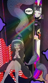 2girls absurdres black_dress boots commentary crown door_chain doorway dress english_commentary fang glitch gloves highres hololive hololive_english lace-up_boots multiple_girls ninomae_ina'nis nun_headdress opening_door praying psychedelic purple_eyes purple_gloves scared tako takodachi_(ninomae_ina'nis) tentacles umiikuru virtual_youtuber