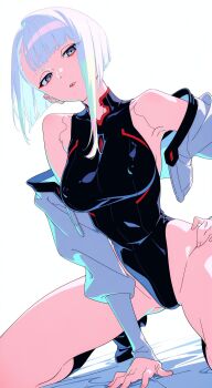 1girl blue_boots boots breasts cyberpunk:_edgerunners cyberpunk_(series) grey_eyes highres jacket kami_kuro8 large_breasts lucy_(cyberpunk) white_background white_hair white_jacket