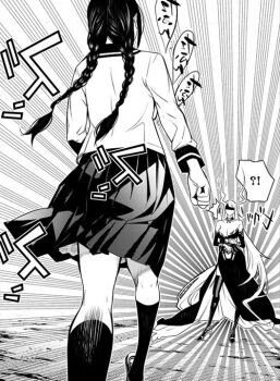 2girls boots braid breasts cleavage dress hanekawa_tsubasa high_heels jojo_reference kiss-shot_acerola-orion_heart-under-blade kizumonogatari large_breasts long_hair monogatari_(series) multiple_girls official_art oshino_shinobu school_uniform skirt thigh_boots thighhighs twin_braids very_long_hair walking