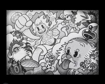 1other 3girls 6+boys alternate_form bakotsu_(youkai) black_eyes boar chien_chih_kang clenched_hands cloud dr._vegapunk ethan-baron_v._nusjuro facial_hair gear_fifth imu_(one_piece) itsumade_(youkai) jaygarcia_saturn lab_coat marcus_mars monkey_d._luffy monochrome multiple_boys multiple_girls mustache old old_man one_piece open_mouth rubber_hose_(style) sandals scar scar_on_chest scar_on_face shepherd_ju_peter short_hair shorts signature smile teeth tongue tongue_out toon_(style) topless_male topman_warcury ushi-oni_(youkai) vegapunk_atlas vegapunk_edison vegapunk_lilith vegapunk_pythagoras vegapunk_shaka vegapunk_york white_hair white_shorts worm