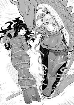 absurdres bdsm bondage bound breasts clenched_teeth covered_navel gluteal_fold highres large_breasts long_hair medium_breasts medium_hair monochrome open_mouth original restrained root001 shibari skindentation teeth thigh_gap very_long_hair