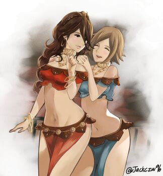 2girls arabian_clothes bangle bare_shoulders bracelet breasts brown_hair circlet cleavage collar dancer earrings hair_over_one_eye happy hug j@ck jewelry long_hair medium_breasts multiple_girls navel necklace octopath_traveler octopath_traveler_i open_mouth pelvic_curtain primrose_azelhart revealing_clothes short_hair smile strapless yusufa