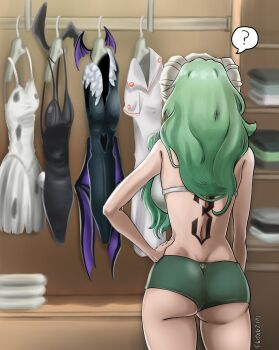 1girl absurdres ass back_tattoo bare_shoulders bleach closet espada green_hair halloween halloween_costume hand_on_own_hip highres ivizard_art93 long_hair mask mask_on_head nelliel_tu_odelschwanck number_tattoo nurse_outfit playboy_bunny skull_on_head tattoo thighs