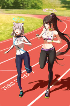 2girls absurdres animal_ears bare_arms bare_shoulders black_hair black_pants black_shoes blue_archive blue_halo blue_pants blush breasts brown_eyes cleavage clock closed_eyes cross_hair_ornament dong_(art_woodong) extra_ears grey_hair hair_ornament halo highres holding_clock jacket large_breasts long_hair looking_at_another multiple_girls navel open_mouth pants purple_halo running running_track shiroko_(blue_archive) shoes short_sleeves side_ponytail sneakers sports_bra stomach sumire_(blue_archive) sweat track_jacket track_pants track_suit white_jacket white_sports_bra wolf_ears wolf_girl