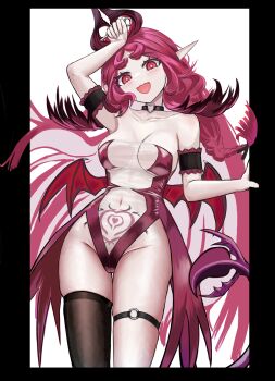 1girl :d alternate_costume arknights arm_strap arm_up armpits bare_shoulders black_border black_thighhighs blush border breasts bright_pupils character_charm charm_(object) choker cleavage closed_mouth coattails collarbone cowboy_shot demon_girl demon_horns demon_tail heart heart_o-ring highres horns leotard long_hair medium_breasts navel nervous_smile nymph_(arknights) o-ring open_mouth outside_border pink_hair pink_leotard pointy_ears red_eyes see-through_clothes simple_background single_thighhigh smile solo stomach_tattoo strapless strapless_leotard tail tattoo thigh_gap thigh_strap thighhighs very_long_hair wavy_mouth white_background yongdogi