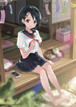 1girl absurdres architecture bare_legs barefoot black_hair black_sailor_collar black_skirt blurry blurry_foreground blush cellphone commentary_request commission dango depth_of_field east_asian_architecture food green_tea hair_ornament highres holding holding_skewer idolmaster idolmaster_cinderella_girls l.f. neckerchief on_floor phone pixiv_commission rabbit_hair_ornament red_neckerchief sailor_collar sanshoku_dango sasaki_chie school_uniform serafuku shirt short_hair short_sleeves sitting skewer skirt smartphone smile solo tatami tea teapot toes wagashi white_shirt wooden_floor