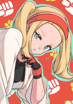 1girl absurdres black_gloves black_shirt blonde_hair clenched_hand commentary_request dougi eyelashes fingerless_gloves freckles gloves green_eyes hairband highres josee_(pokemon) karate_gi looking_at_viewer mochitaro_(mothitaroo) nintendo open_mouth pokemon pokemon_legends:_z-a red_hairband shirt sidelocks solo sweat twintails upper_body