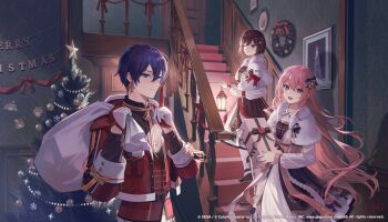 >_< 1boy 2girls ;) ^_^ bag black_shirt blue_bow blue_eyes blue_hair blue_nails bow brown_eyes brown_hair brown_shoes capelet christmas christmas_ornaments christmas_tree christmas_wreath closed_eyes commentary_request company_name copyright_notice dress esukee fingernails gift gloves glowing hair_bow hatsune_miku highres holding holding_bag holding_gift holding_lantern kagamine_len kagamine_rin kaito_(vocaloid) lantern long_hair megurine_luka meiko_(vocaloid) merry_christmas multiple_girls nail_polish official_alternate_costume official_art one_eye_closed picture_frame pink_hair project_sekai purple_eyes red_gloves shirt shoes smile snowflakes stairs star_(symbol) sticker very_long_hair vocaloid webpage white_capelet white_gloves wreath