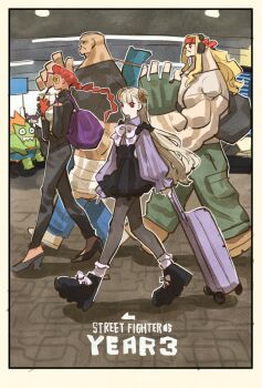 Rule 34 | alex (street fighter), backpack, bag, bald, blanka, blanka-chan, blonde hair, braid, braided ponytail, crimson viper, from side, grey hair, han juri, headband, highres, holding, holding bag, holding suitcase, ingrid (capcom), looking at viewer, muscular, muscular male, pompadour, red hair, rolling suitcase, sagat, street fighter, street fighter 6, suitcase, takeuchi ryousuke, walking