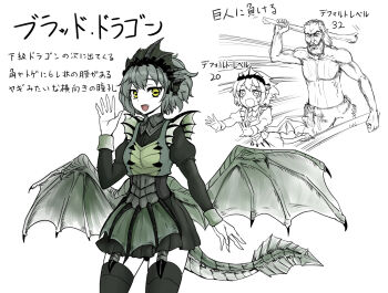 dragon dragon_girl fangs giant horns level_difference monster_girl okamura_(okamura086) pale_skin personification spikes the_elder_scrolls the_elder_scrolls_v:_skyrim thighhighs wings yellow_eyes