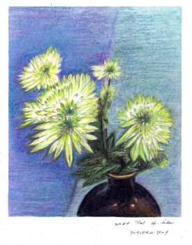 absurdres baden_hiroshi border chrysanthemum colored_pencil_(medium) commentary_request dated flower flower_focus green_flower highres no_humans original traditional_media vase white_border
