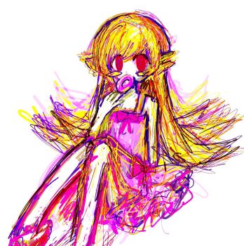 1girl apron arm_at_side arm_support bare_legs barefoot blonde_hair blush_stickers bow bow_apron colored_skin dot_nose flat_chest flipped_hair foot_out_of_frame full_body hair_between_eyes hair_flaps hand_to_own_mouth highres hoiimhoi knees_up long_hair looking_at_viewer monogatari_(series) mouth_hold oshino_shinobu pink_apron pink_bow pink_donut red_eyes sitting solo swept_bangs very_long_hair white_skin