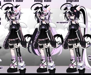 1girl ahoge animal_ears black_dress black_hair black_shoes cat_ears cat_girl cat_tail character_hair_ornament cloud_(lufaeris) commentary dress english_commentary eyepatch hair_between_eyes hair_ornament heart heart_hair_ornament huge_ahoge indie_virtual_youtuber kuromi leg_warmers long_hair long_sleeves looking_at_viewer multicolored_hair multiple_views onegai_my_melody open_mouth ponytail purple_hair purple_socks sanrio shoes short_hair sleepybunsu sleeves_past_fingers sleeves_past_wrists socks striped_clothes striped_socks tail two-tone_hair virtual_youtuber white_leg_warmers wings