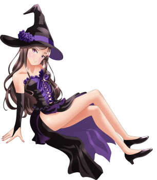 Rule 34 | 1girl, arm support, bare legs, bare shoulders, black detached sleeves, black dress, black footwear, black hat, black sleeves, breasts, brown hair, closed mouth, collarbone, corset, cross-laced clothes, cross-laced dress, crossed legs, detached sleeves, dorothy (princess principal), dress, female focus, flower, frills, full body, hat, hat flower, hat ribbon, head tilt, high heels, invisible chair, legs, long dress, long hair, looking at viewer, medium breasts, multicolored dress, nail polish, neck, parted bangs, pink eyes, pink nails, princess principal, pumps, purple dress, purple flower, purple ribbon, ribbon, side slit, simple background, sitting, smile, solo, strapless, strapless dress, swept bangs, taniguchi gou, very long hair, white background, witch, witch hat