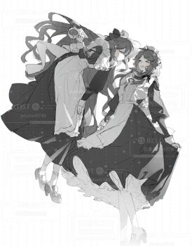 2026 2girls bent_over blush breasts closed_eyes greyscale highres long_hair maid maid_headdress merry-go-round_(pp90705148) monochrome multiple_girls open_mouth shoes small_breasts smile socks very_long_hair white_background