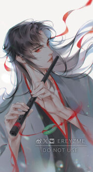 1boy bishounen black_hair black_hanfu blurry bokeh chenqing_flute chinese_clothes coat depth_of_field dizi ereyz floating_hair flute flute_tassel grey_coat hair_down hair_ribbon half_updo hanfu holding holding_flute holding_instrument instrument long_hair long_sleeves looking_at_viewer male_focus modao_zushi music official_alternate_costume official_alternate_hairstyle open_clothes open_coat parted_lips playing_flute playing_instrument red_eyes red_ribbon ribbon robe sidelocks simple_background solo tassel transverse_flute twitter_username upper_body watermark wei_wuxian wei_wuxian_(yiling_laozu) white_background wide_sleeves