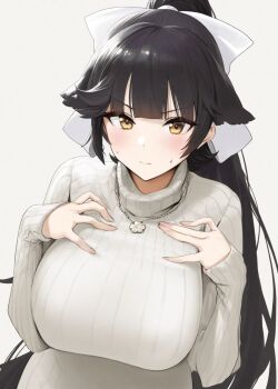 1girl animal_ears azur_lane beruka_(beruyon) black_hair blush breasts commentary_request dog_ears hair_ribbon high_ponytail highres huge_breasts jewelry long_hair looking_at_viewer necklace ponytail ribbon simple_background solo sweatdrop sweater takao_(azur_lane) takao_(inner_cultivation)_(azur_lane) very_long_hair white_background white_ribbon white_sweater yellow_eyes