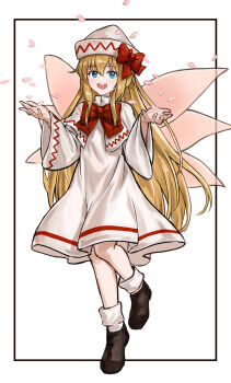 1girl black_shoes blonde_hair blue_eyes bow bowtie capelet commentary dress fairy_wings falling_petals hat hat_bow highres lily_white long_hair looking_at_viewer open_mouth petals red_bow red_bowtie shoes simple_background socks solo teeth tentaizukan touhou upper_teeth_only white_background white_capelet white_dress white_hat white_socks wings